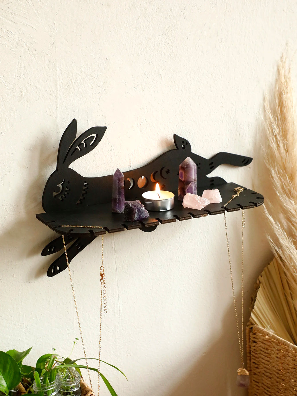 Gothic Black Running Rabbit Wall Shelf Wooden Floating Shelves Boho Home Deocr Moon Phase Crystal Shelf Ledge Bedroom Decoration