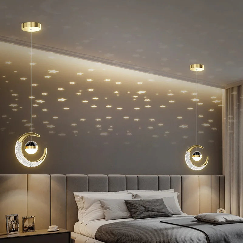 Creative led Ceiling Light with Moon Stars Modern Asile Ceiling Lights Gold/Black Atmosphere Ceiling Hanging Lamp Loft Lighting