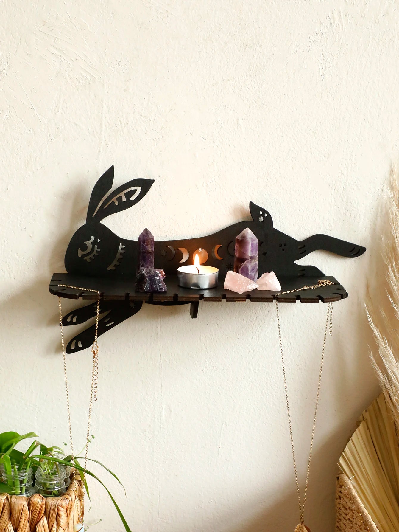 Gothic Black Running Rabbit Wall Shelf Wooden Floating Shelves Boho Home Deocr Moon Phase Crystal Shelf Ledge Bedroom Decoration