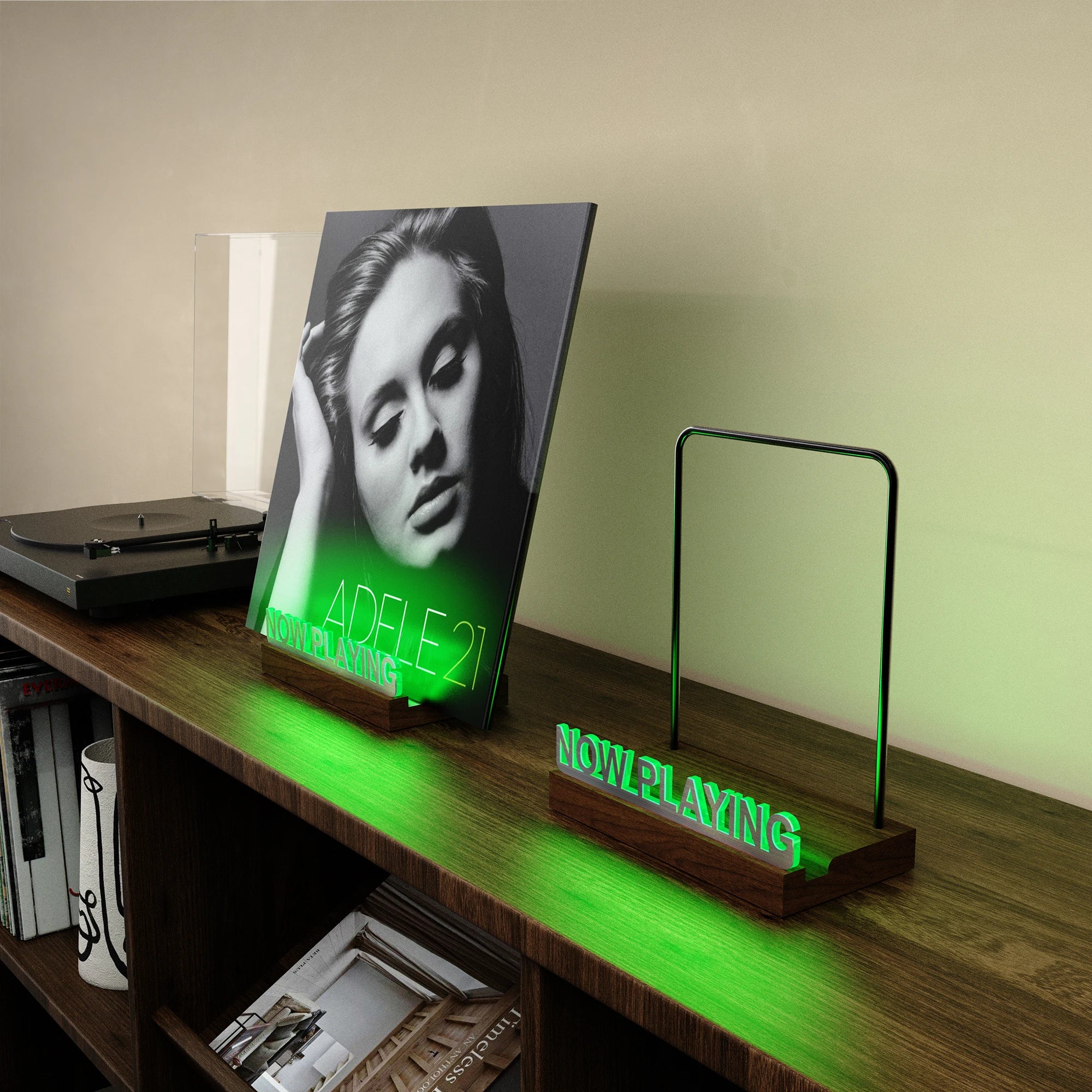 LED Now Playing Vinyl Record Stand, 7-Color Light Up Album Display, Acrylic Record Holder for LP Storage Decor (Silver Letters)