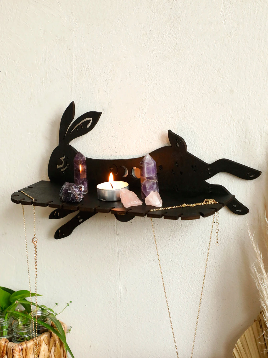 Gothic Black Running Rabbit Wall Shelf Wooden Floating Shelves Boho Home Deocr Moon Phase Crystal Shelf Ledge Bedroom Decoration